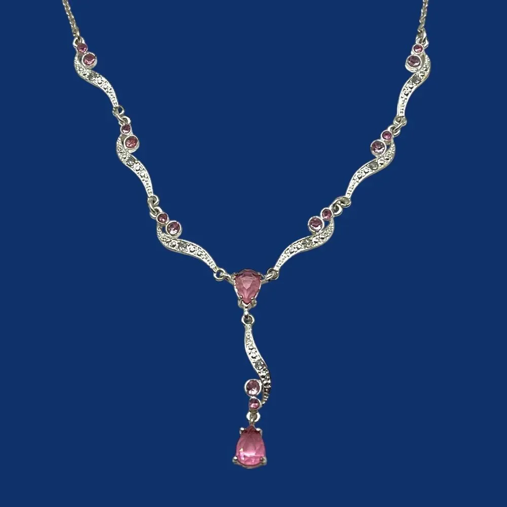 Nina Ricci NR Necklace Pink Pear Rhinestone Silver Tone Y Drop Feminine 20